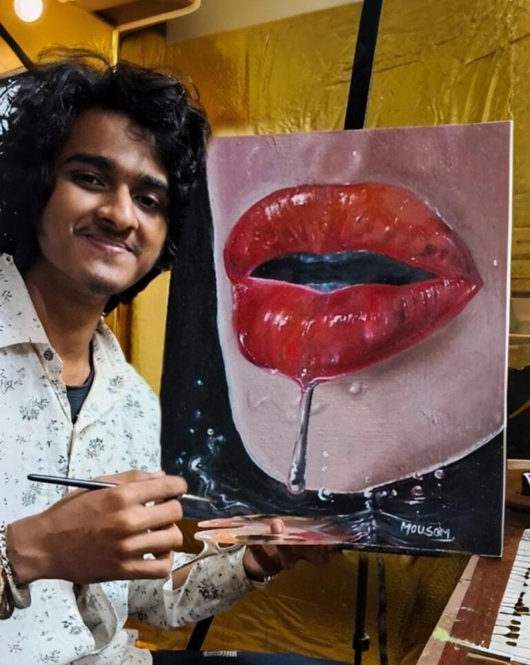 Mousom Bharadwaj painted Realism painting – “The Watery Lips” with just 5 colours